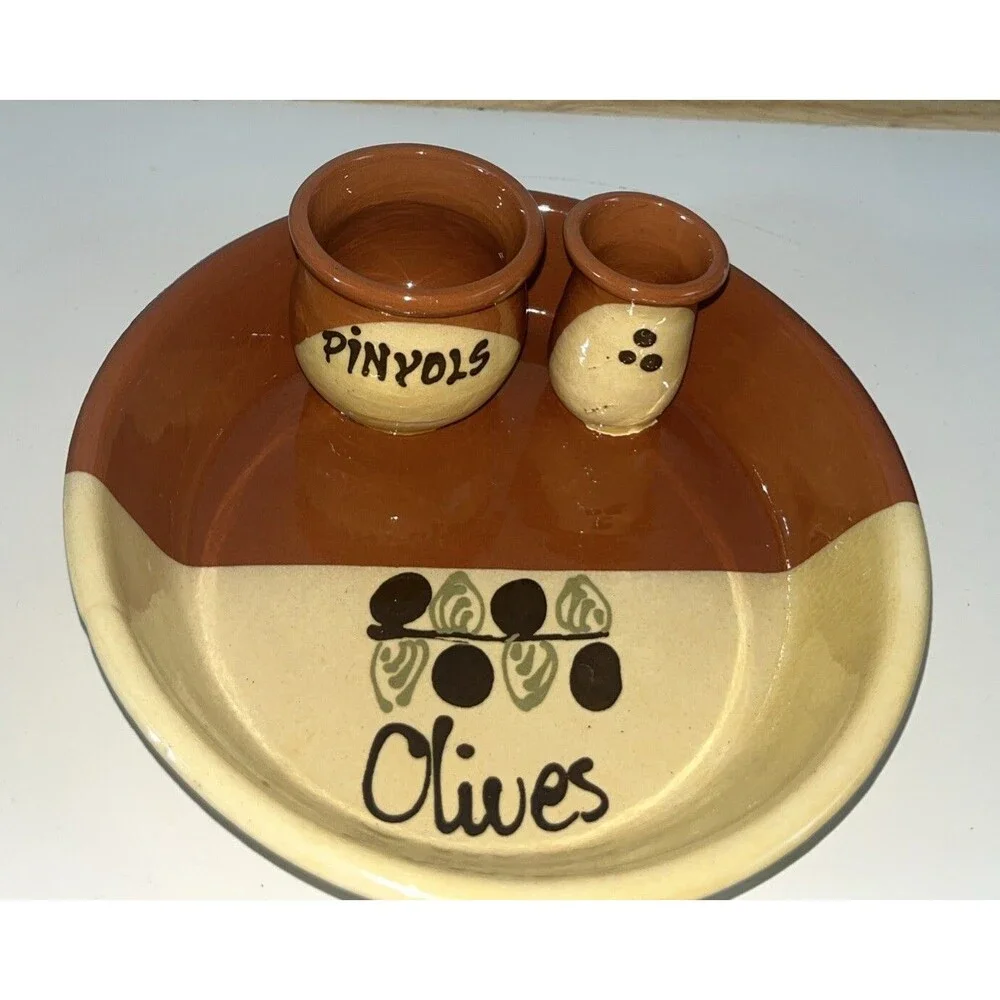 Traditional Art Pottery French Olive Dish Bowl Pinyols Unbranded Vintage